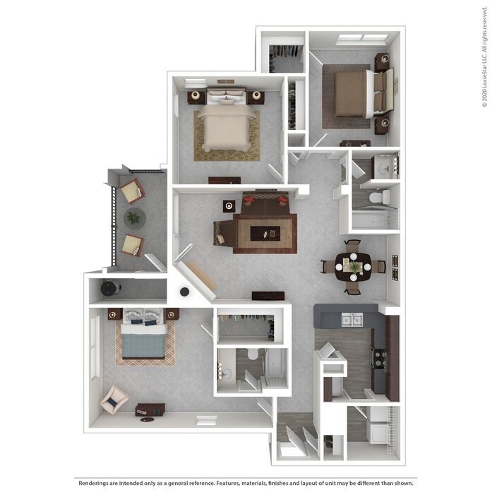 Floor plan for 3 beds, 2 baths, 1221 sqft